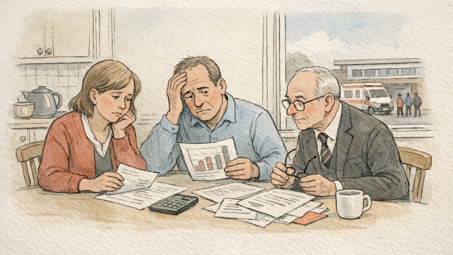 Satirical editorial-style illustration of three people reviewing finances at a kitchen table, with a distant hospital entrance scene in the background.