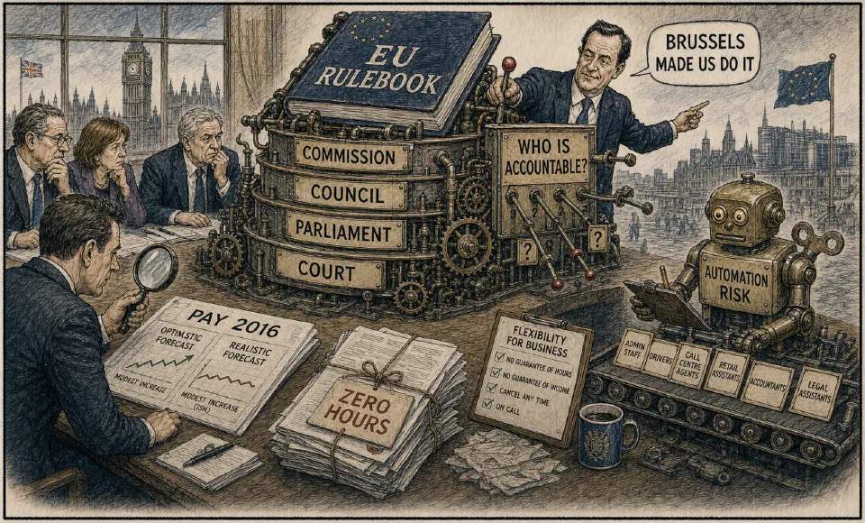 Satirical editorial-style cartoon of managers, automation, and contract risks in early 2016.