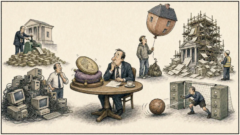 Satirical editorial-style cartoon of managers weighing rate cuts, technology investment, and institutional risk.