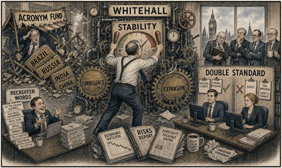 Satirical editorial-style cartoon of over-central control meeting regional business turbulence in late 2015.