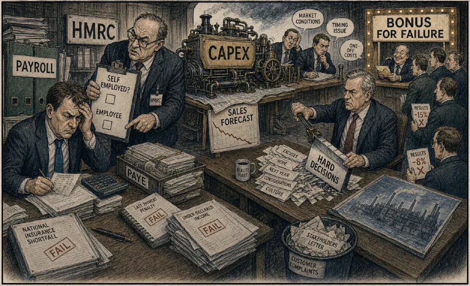 Satirical editorial-style cartoon of payroll losses, investment debates, and fragile sales expectations.