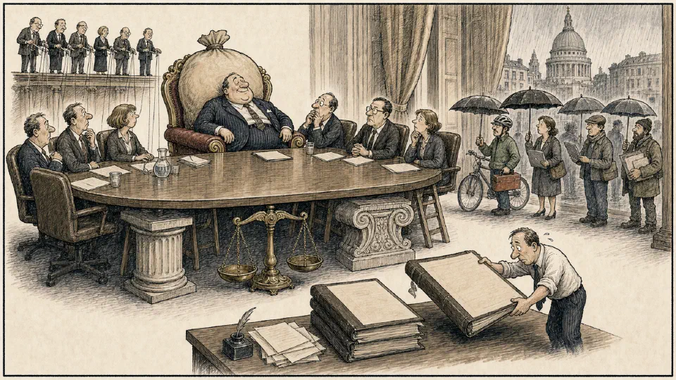 Satirical editorial-style cartoon of executive pay, decorative checks and balances, self-employed workers, and a corrected trade deficit ledger.