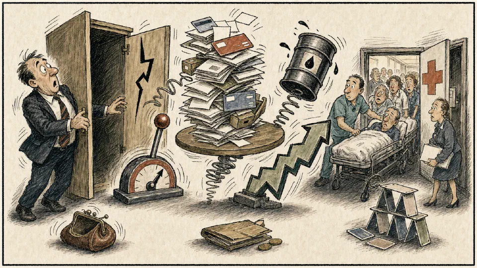 Satirical editorial-style cartoon of managers bracing for financial shocks, household debt, and hospital pressures.