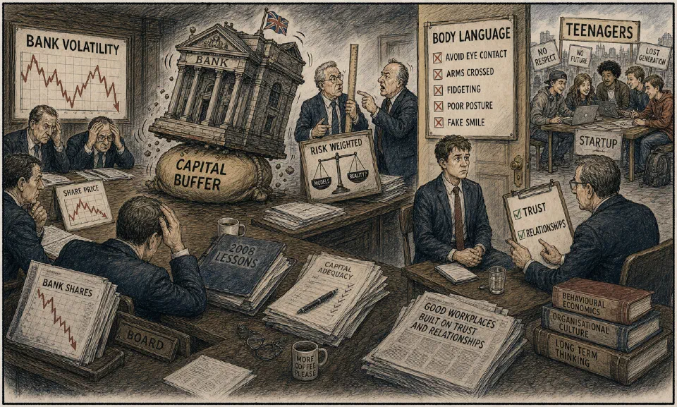 Satirical editorial-style cartoon of bank volatility and practical management choices in early 2016.
