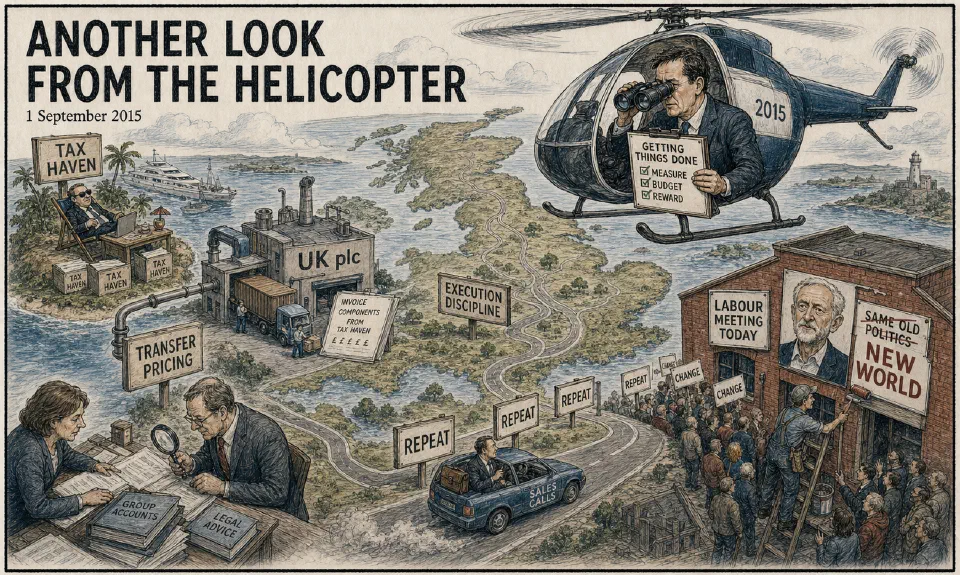 Satirical editorial-style cartoon of managers viewing tax structures and execution risks from a wider vantage point.