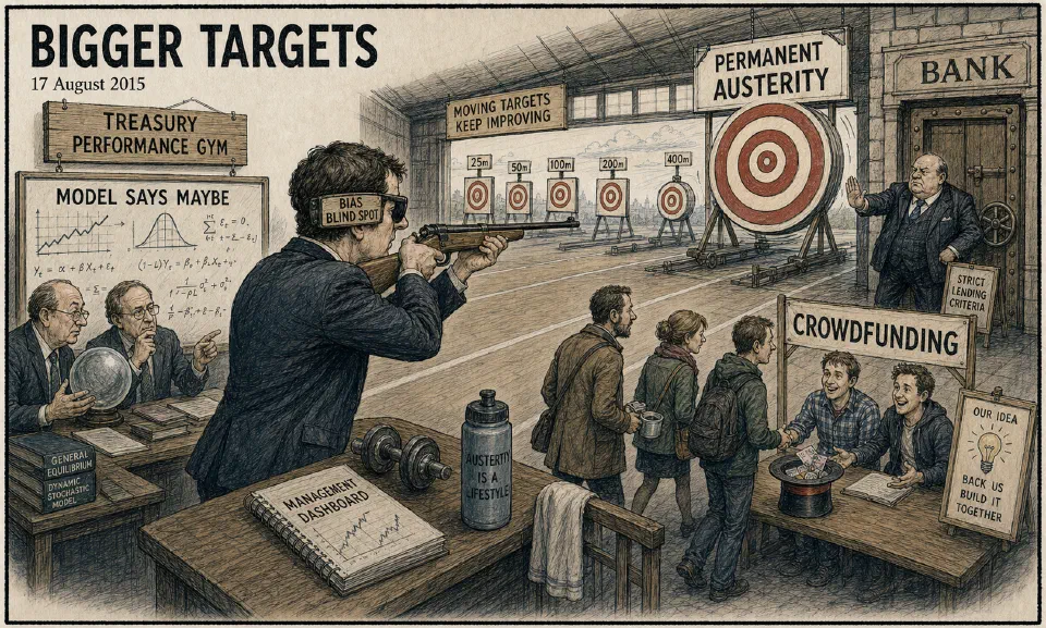 Satirical editorial-style cartoon of moving austerity and technology targets challenging managers in 2015.