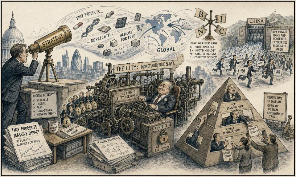 Satirical editorial-style cartoon of managers reframing strategy as digital economics accelerates in 2015.