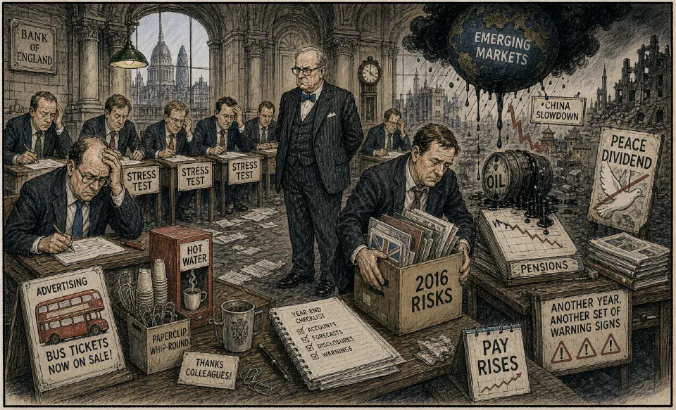Satirical editorial-style cartoon of year-end stress tests and managers preparing for 2016 risks.