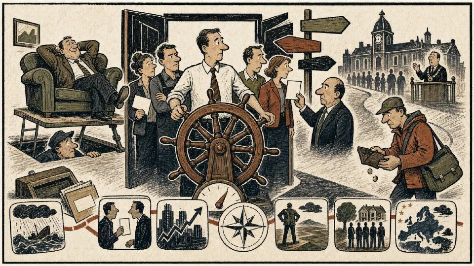 Satirical editorial-style cartoon of a manager guiding a team through 2017 political and economic shifts.