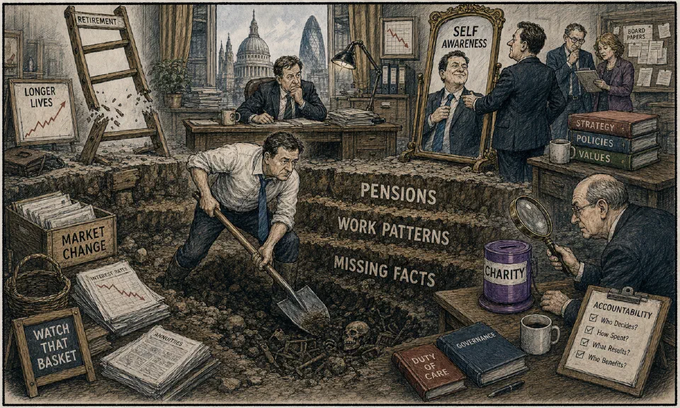 Satirical editorial-style cartoon of managers digging into pension and leadership questions.