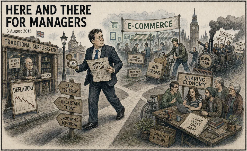 Satirical editorial-style cartoon of managers navigating deflation risk, workplace shifts, and productivity concerns.