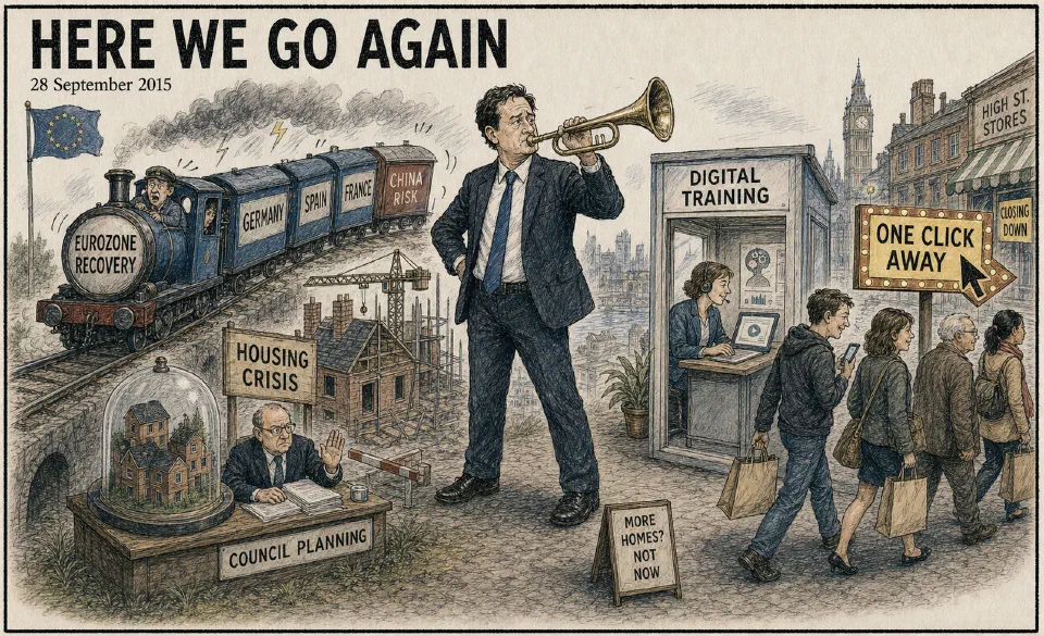 Satirical editorial-style cartoon of cautious recovery signals and recurring management risks across Europe.