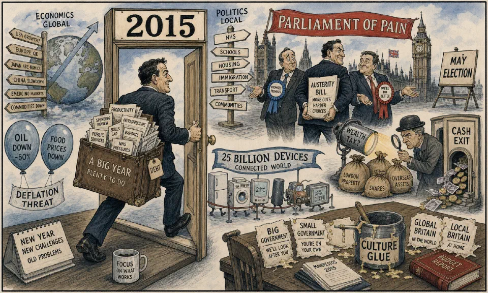 Satirical editorial-style cartoon of a manager entering 2015 amid austerity, politics, and global-market pressures.