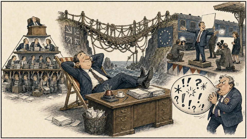 Satirical editorial-style cartoon of complacent leaders amid Brexit-era shocks and political spin.