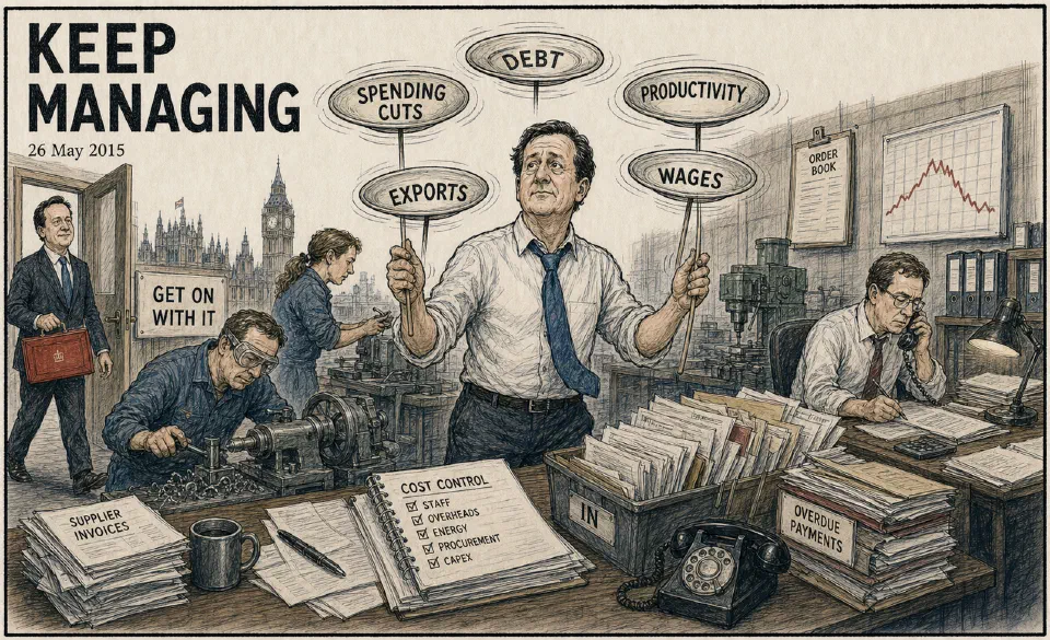 Satirical editorial-style cartoon of managers continuing operations while fiscal and policy pressures intensify.