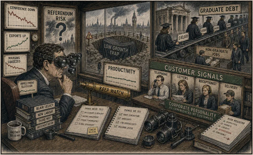 Satirical editorial-style cartoon of managers scanning confidence, caution, and workplace signals.