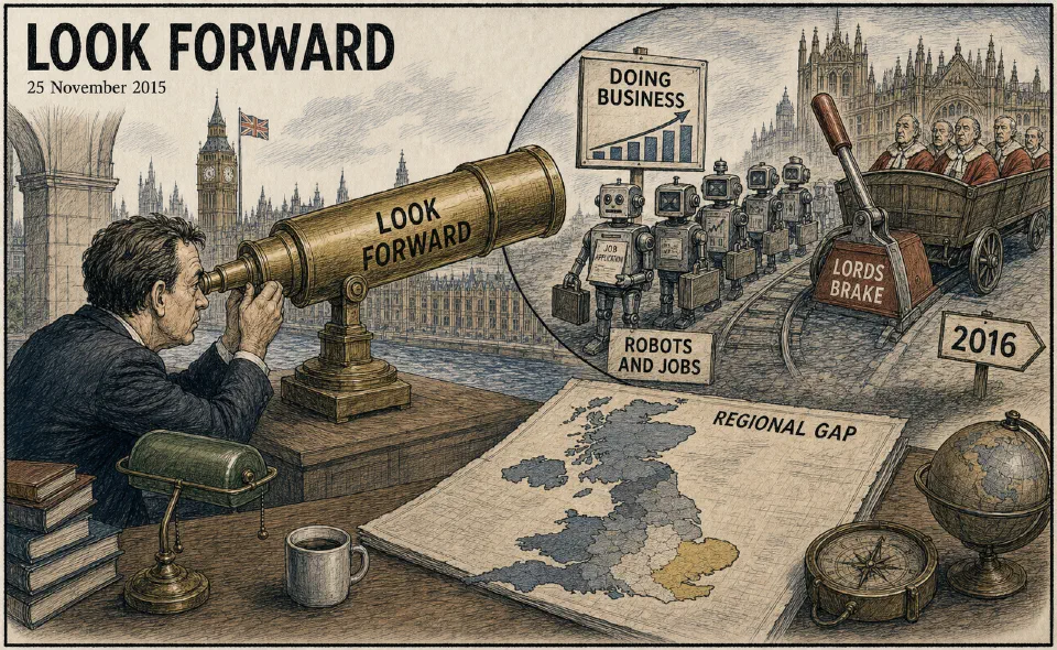 Satirical editorial-style cartoon of managers looking toward 2016 amid regulation and automation pressures.