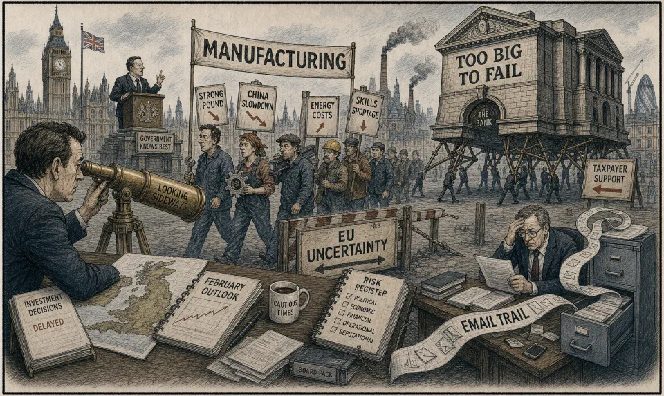 Satirical editorial-style cartoon of business leaders using a sideways telescope to navigate 2016 risks.