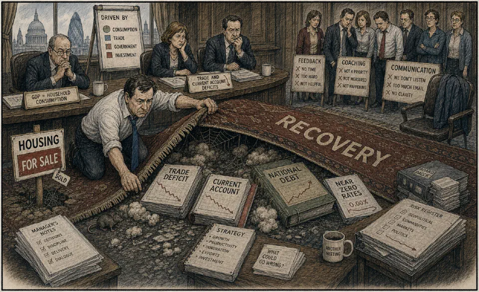 Satirical editorial-style cartoon of managers lifting a carpet to reveal debt and interest-rate pressures.