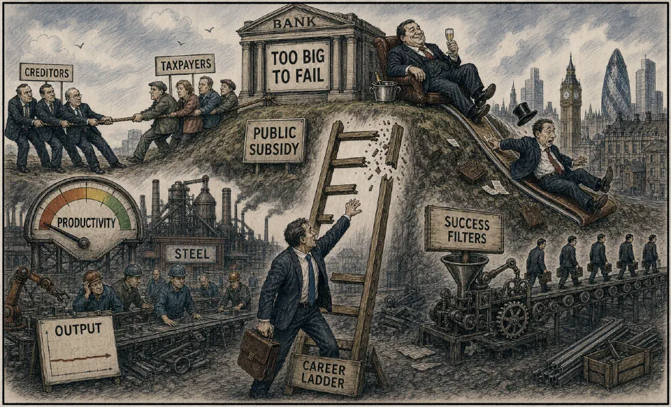 Satirical editorial-style cartoon of too-big-to-fail institutions and fragile management ladders.
