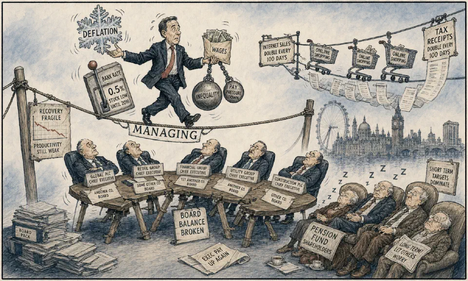 Satirical editorial-style cartoon of managers balancing low rates, board strain, and digital disruption in 2015.