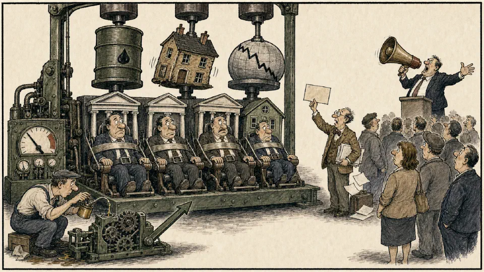 Satirical editorial-style cartoon of British banks undergoing a stress test while productivity and expert trust issues wait nearby.