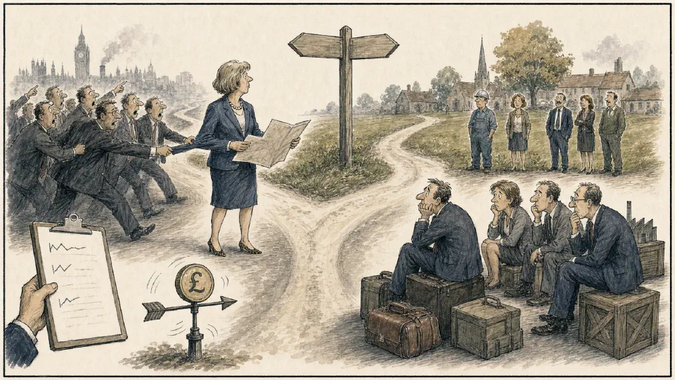 Satirical editorial-style cartoon of a prime minister at a political fork in the road while managers face post-Brexit predictions.