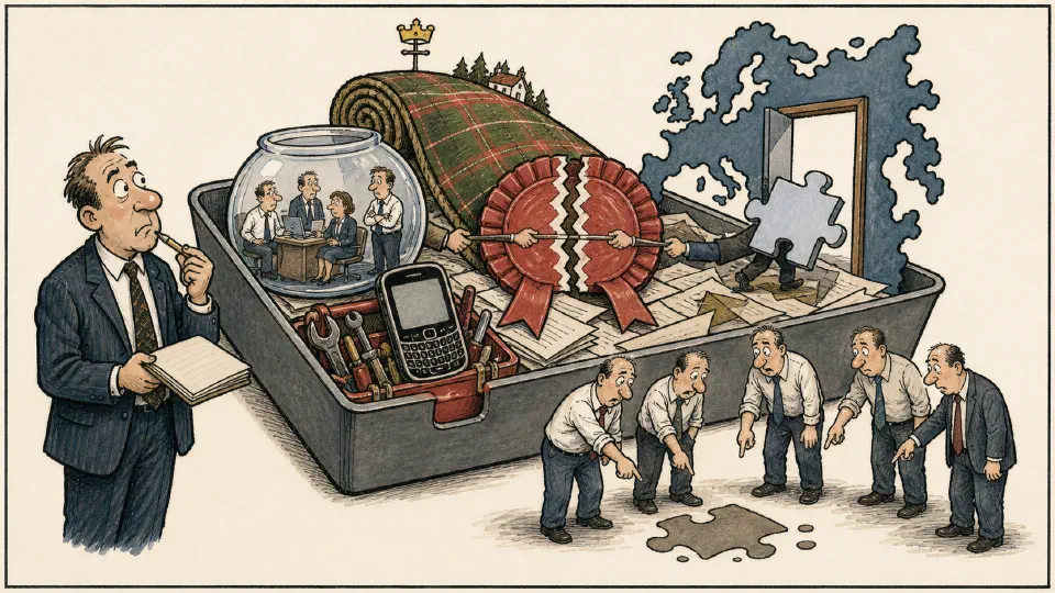 Satirical editorial-style cartoon of a manager-blogger mapping political and business themes in 2016.