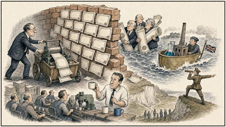 Satirical editorial-style cartoon of quantitative easing machinery and difficult economic decisions.
