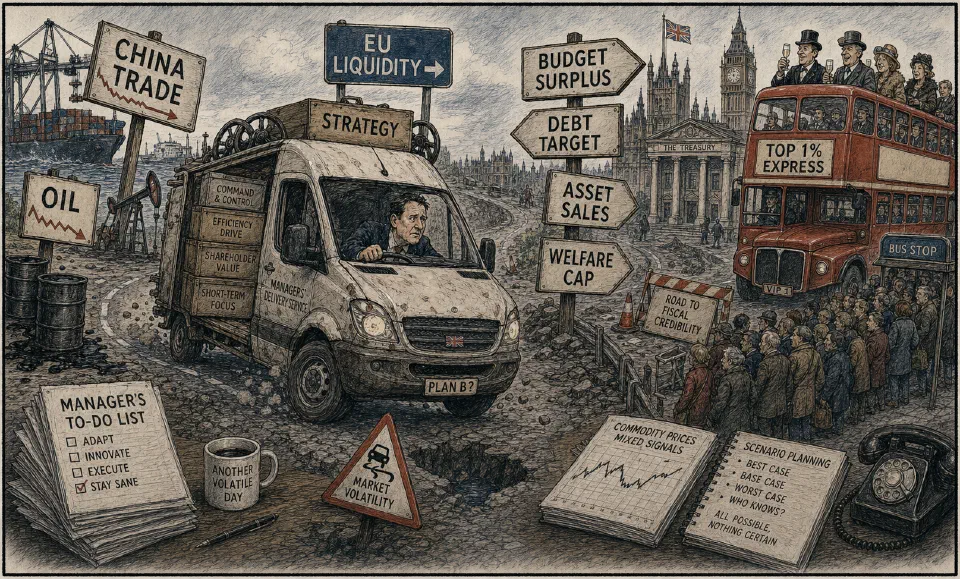 Satirical editorial-style cartoon of a managers' delivery van navigating government targets and inequality.