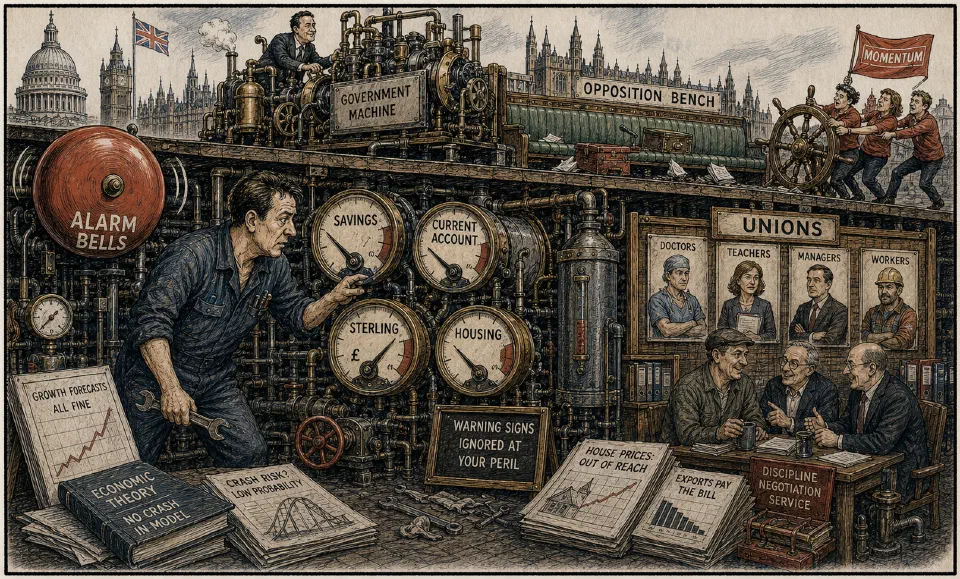 Satirical editorial-style cartoon of a manager in early 2016 tracking growth concern and crash risk signals.