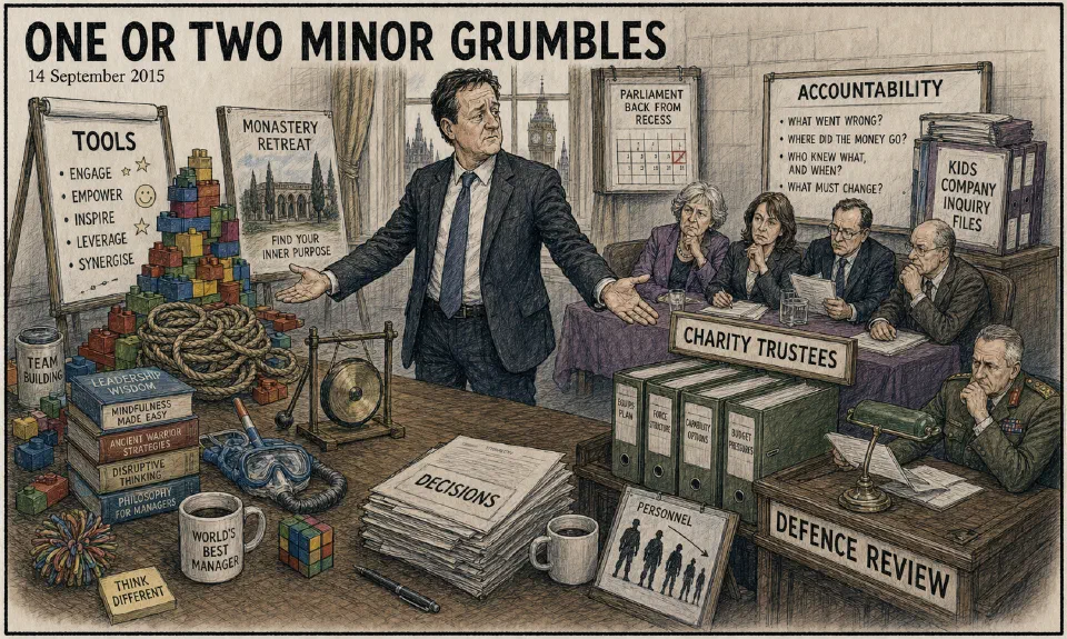 Satirical editorial-style cartoon of practical management concerns continuing while politics idles.