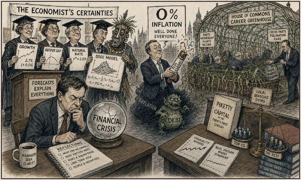 Satirical editorial-style cartoon of managers comparing expert forecasts with stubborn inflation and workplace reality.