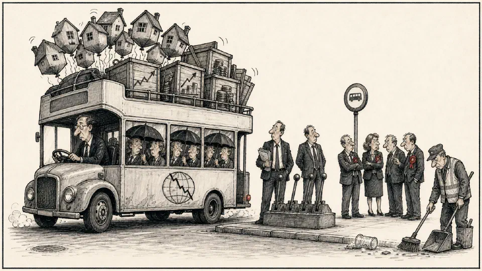 Satirical editorial-style cartoon of a central banker driving an overloaded national business bus while politicians avoid fiscal choices.