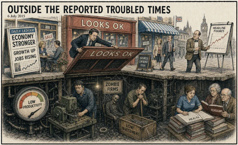 Satirical editorial-style cartoon contrasting headline stability with hidden structural business pressures.