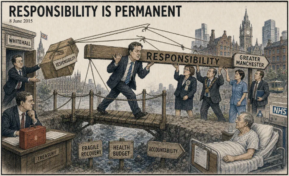 Satirical editorial-style cartoon of managers carrying long-term responsibility through fragile recovery conditions.