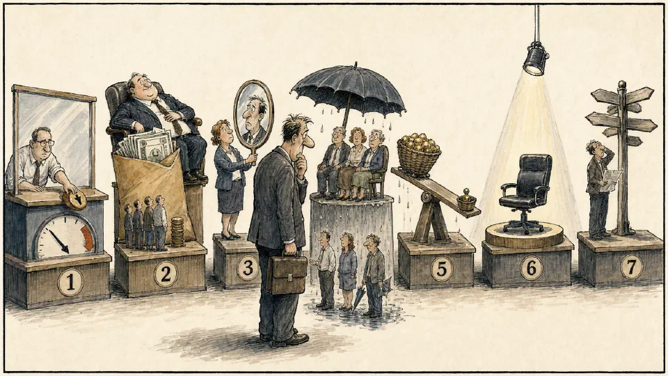 Satirical editorial-style cartoon of seven management observations laid out for strategic debate.