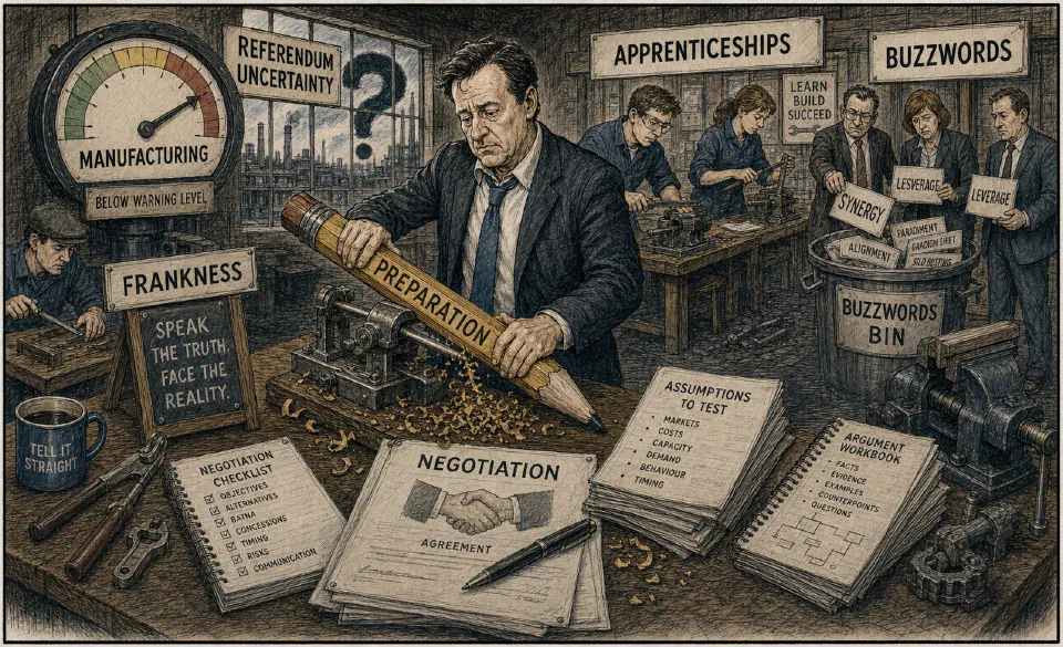 Satirical editorial-style cartoon of managers sharpening strategy and negotiation tools in 2016.