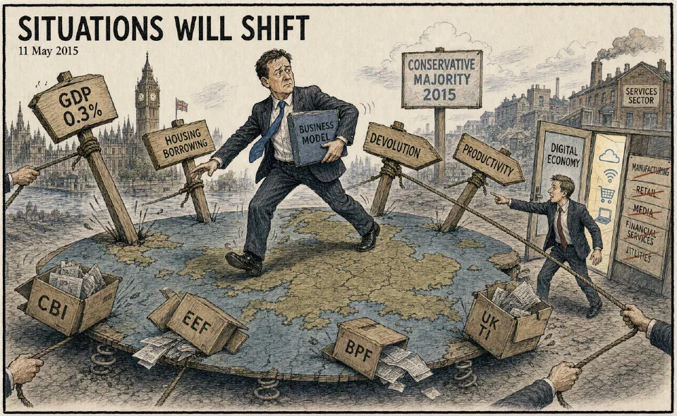 Satirical editorial-style cartoon of post-election managers navigating political fragility and shifting business conditions.