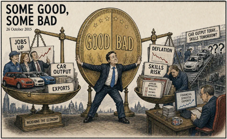 Satirical editorial-style cartoon of mixed economic signals and uneasy appraisal culture in late 2015.