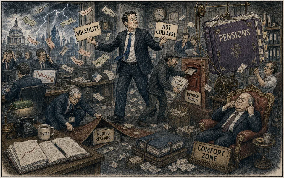 Satirical editorial-style cartoon of managers navigating volatility, fraud, pensions, and difficult leadership.