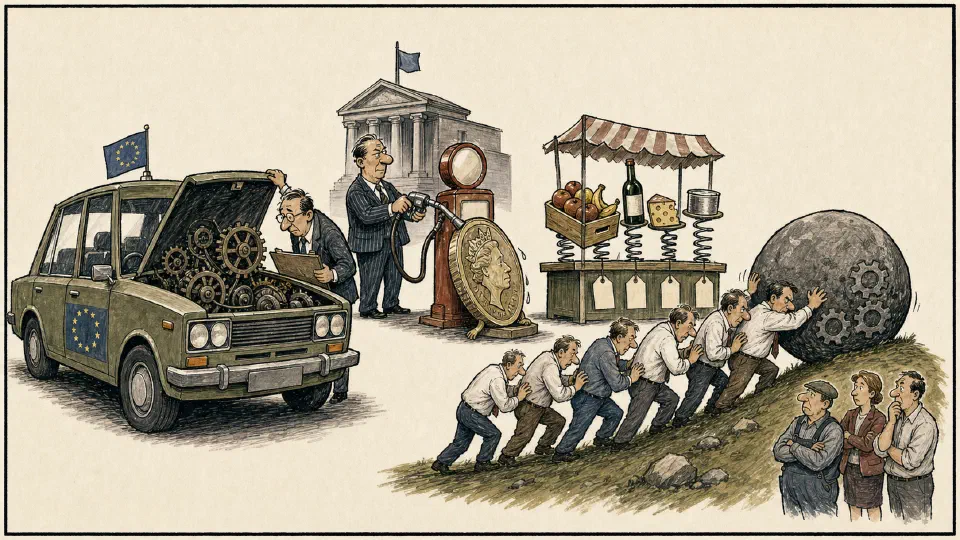 Satirical editorial-style cartoon of an outdated European Commission car, a weaker pound fuel pump, and managers pushing productivity uphill.