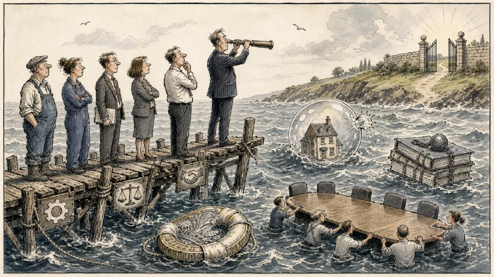 Satirical editorial-style cartoon of managers balancing opportunity, volatility, and rising debt pressures.