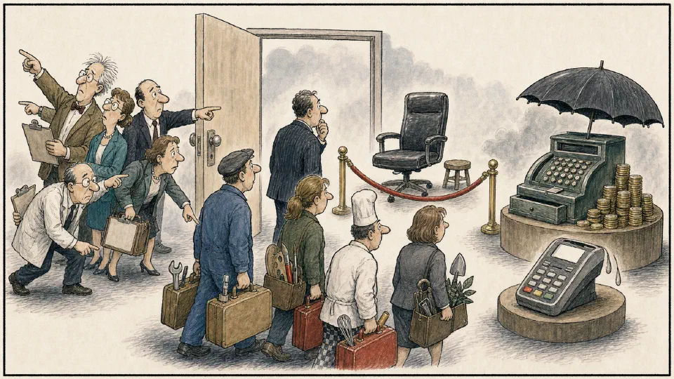 Satirical editorial-style cartoon of experts pointing in different directions as workers enter 2017.