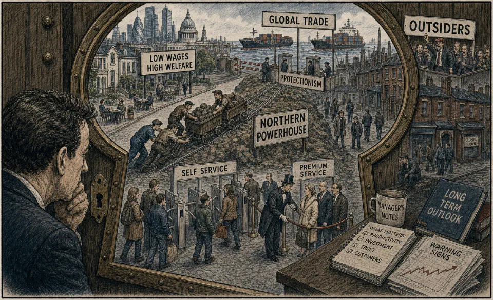 Satirical editorial-style cartoon of managers peering through a keyhole at stagnation and service-economy tensions.