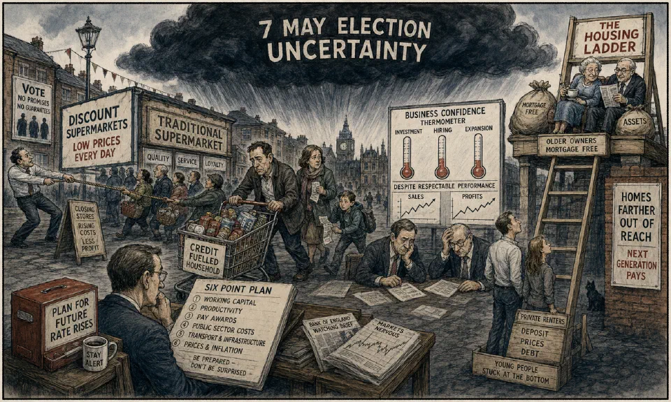 Satirical editorial-style cartoon of uncertainty casting a shadow over households, prices, and managerial choices in 2015.