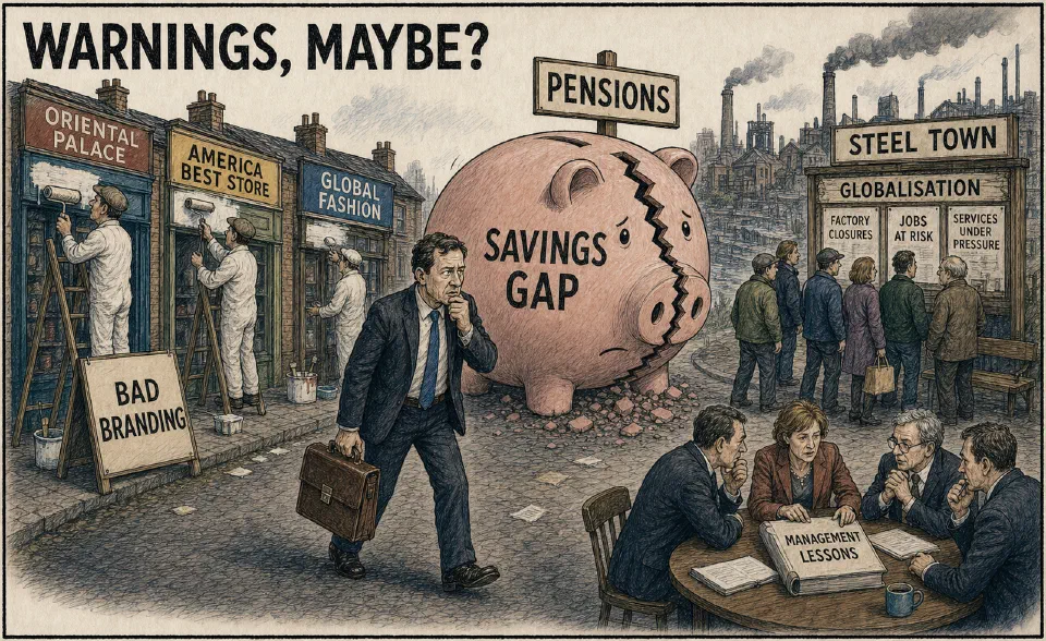Satirical editorial-style cartoon of a widening pension gap and governance warnings facing managers in 2015.