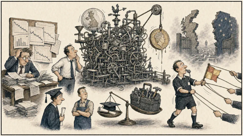 Satirical editorial-style cartoon of forecasters and managers wrestling with Brexit-era complexity.