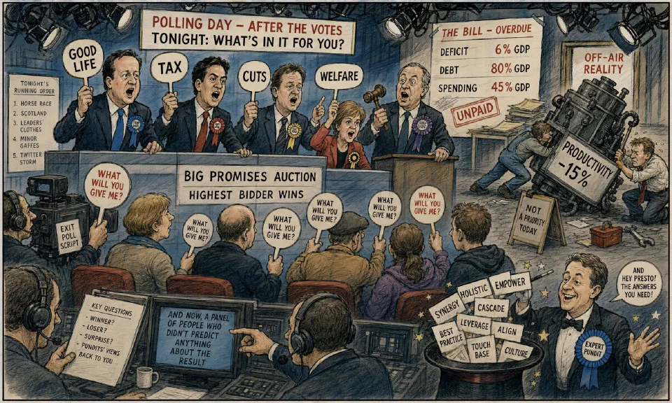 Satirical editorial-style cartoon of election-era promise trading while productivity issues are sidelined.